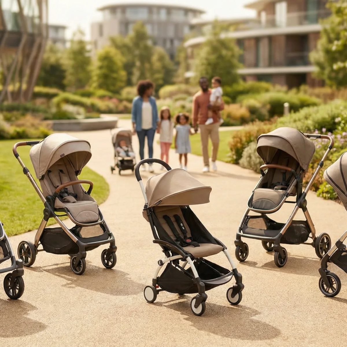 Strollers lined up outdoors for a fold and weight comparison