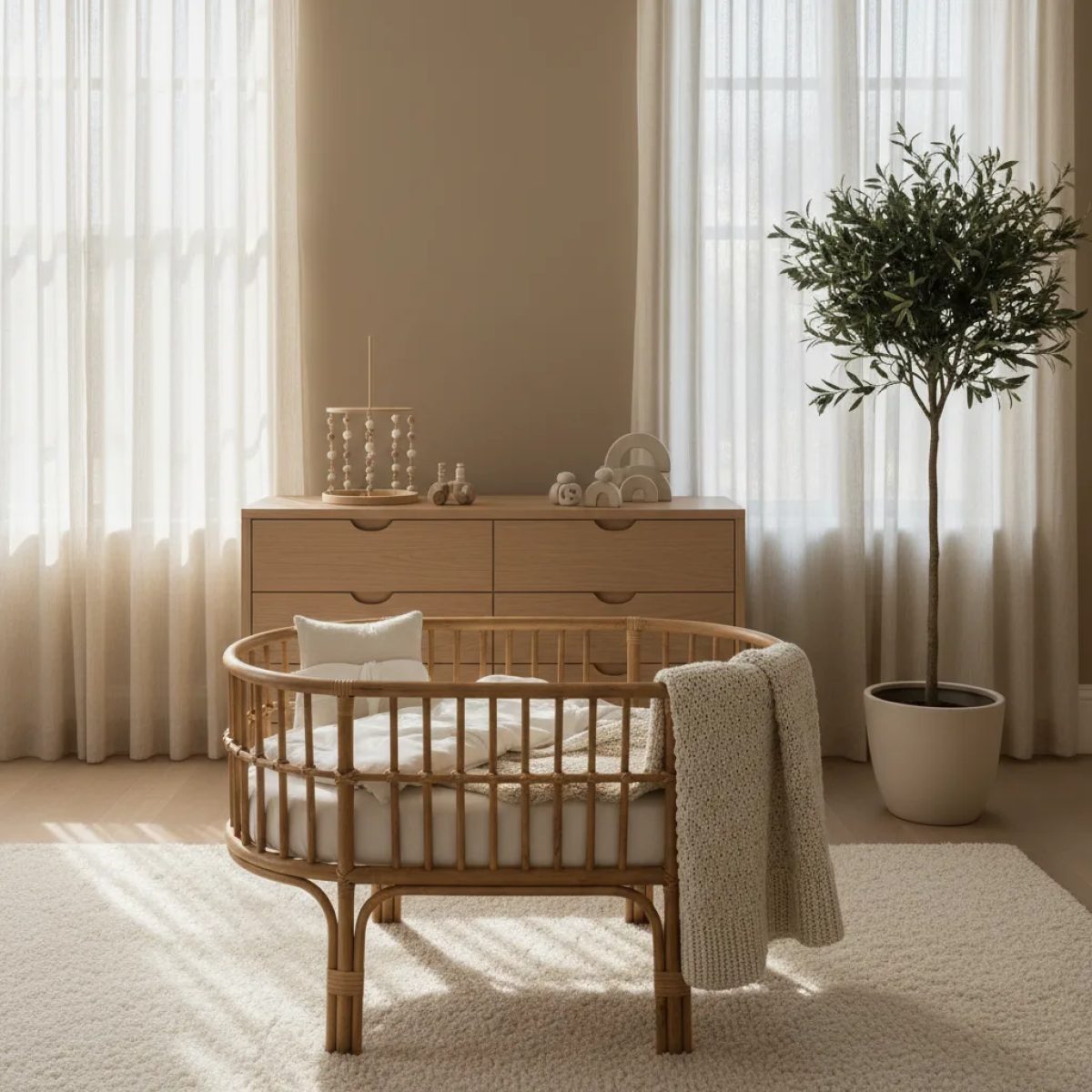 Nursery with a bedside bassinet beside a crib