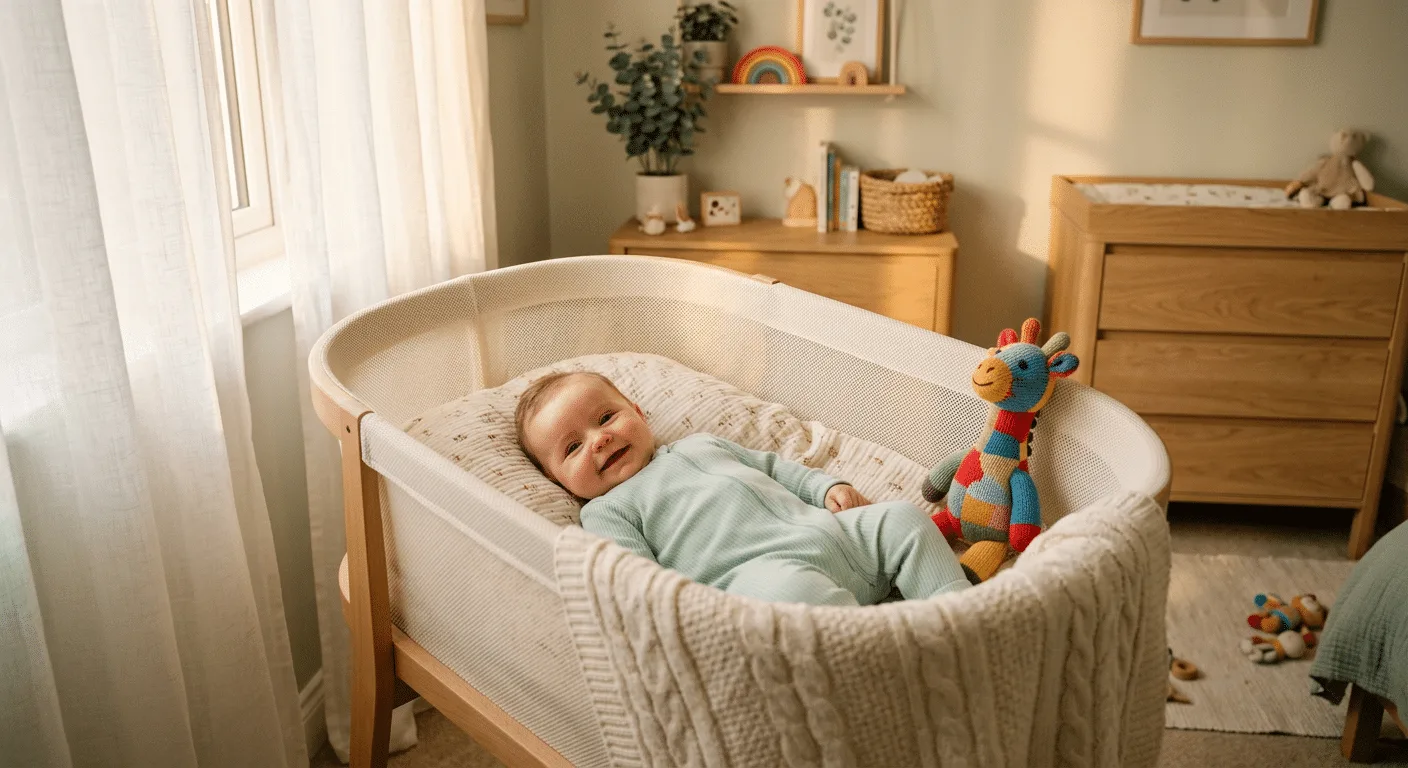 A baby asleep in a bedside bassinet
