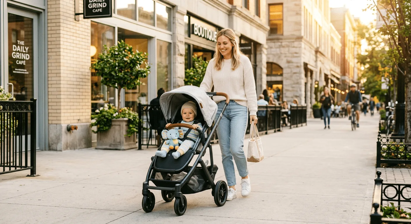 A parent pushing a stroller along a sunny shopping street