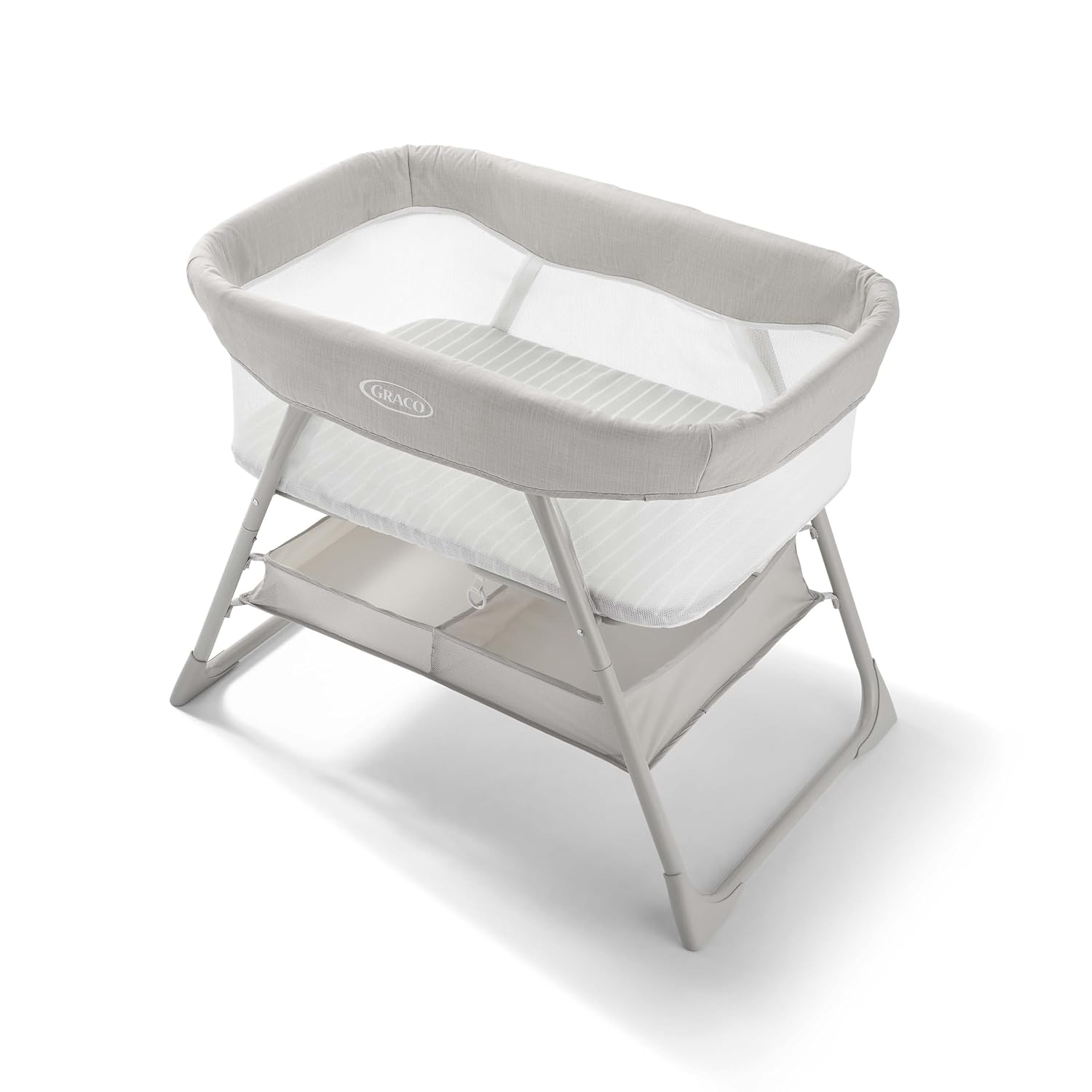 Graco DreamMore Bedside and Portable Bassinet — A fold that stands up on its own, one-handed.